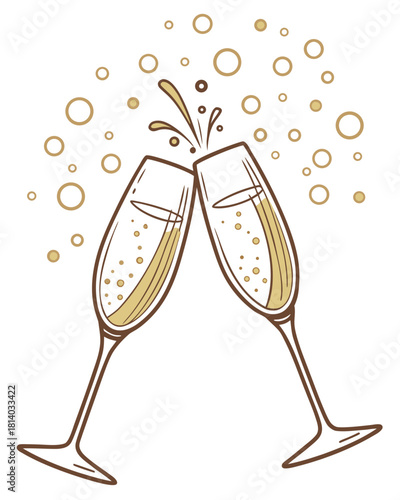 Champagne glasses clinking together with light effects and golden bubbles.