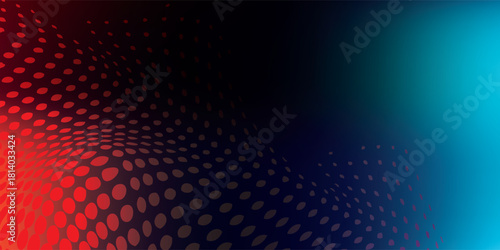 Dynamic Halftone Dot Pattern with Vibrant Red and Blue Gradient Abstract Background.