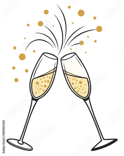 Champagne glasses clinking together with light effects and golden bubbles.