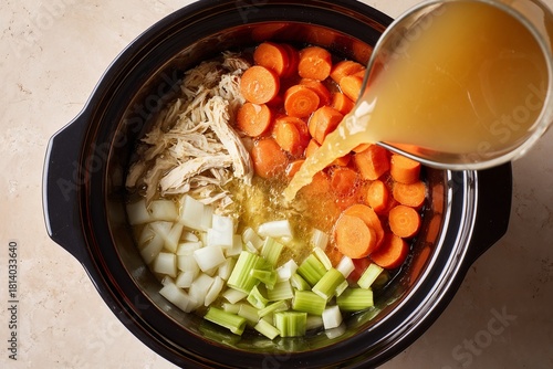 Slow Cooker with Chicken, Carrots, Celery, and Broth
