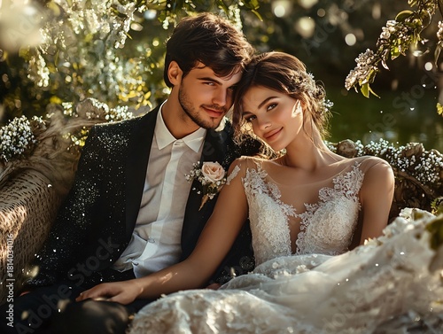 Joyful newlywed couple posing romantically outdoors