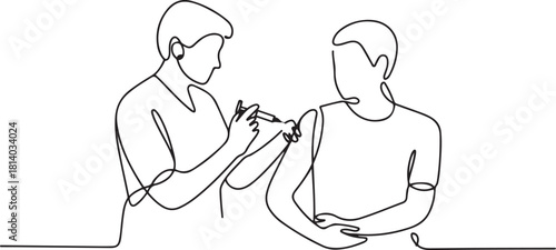 Healthcare professional administers vaccine to patient in line art style. one line Icon drawing with white background
