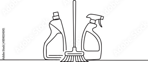 Cleaning supplies line art illustration. one line Icon drawing with white background