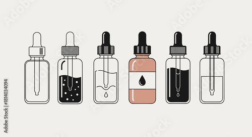 Essential Oil Bottles Collection: Minimalist Line Art in a Modern Cosmetic and Pharmaceutical Display for Aromatherapy and Skincare Products. This elegant arrangement of tinctures and extracts is perf
