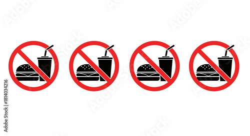 Prohibition of Unhealthy Eating Black and White Illustration for Diet and Wellness, Symbolizing No Fast Food, and Junk Food Restriction, Ideal for Health Campaigns and Nutrition Guides, Featuring Icon