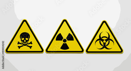 Warning Signs: Toxicity, Radiation, Biohazard Hazard Precautionary Symbols on a White Background for Laboratory Safety, Science Education & Industrial Compliance  in a Brightly Lit, Tidy Presentation,