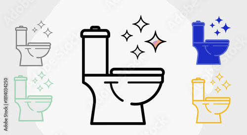 Clean Toilet Bowl Sparkling in Bathroom – Modern Sanitary Fixture for Home Hygiene, Household Cleaning, Freshness, Germ Prevention, Sanitation, Plumbing Service, Vector Line Art Illustration for Prese
