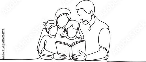 Family reading together a book in a continuous line drawing style. one line Icon drawing with white background
