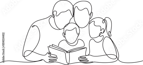 Family reading together a book in a continuous line drawing style. one line Icon drawing with white background