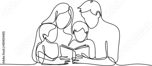 Family reading together a book in a continuous line drawing style. one line Icon drawing with white background