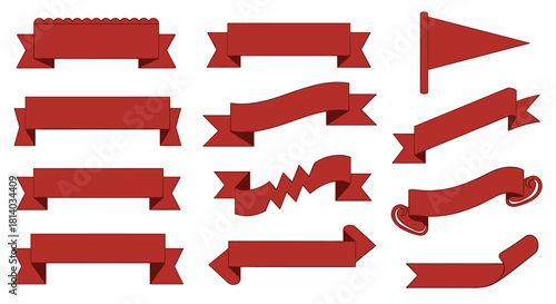 Collection of Red Banners and Ribbons for Graphic Design Layouts Isolated on White Background Representing Festive Celebrations, Sales Promotions, and Vintage Marketing Materials in Corporate Communic