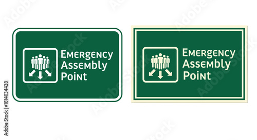 Emergency Assembly Point Signage Directing Evacuation During a Crisis, Modern Safety Protocol for Business and Public Spaces, Green and White Design Communicating Urgency in a Professional Environment