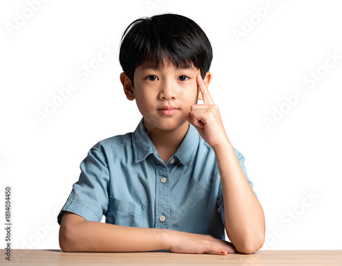 Smart Asian boy pointing to his temple in a thinking gesture. Concept for education