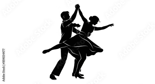 Swing Dance Couple Silhouette Vector Showing Core Moves — Open Hold, Spin, Dip, Lift

