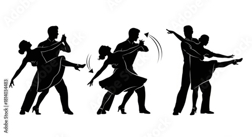 Swing Dance Couple Silhouette Vector Showing Core Moves — Open Hold, Spin, Dip, Lift

