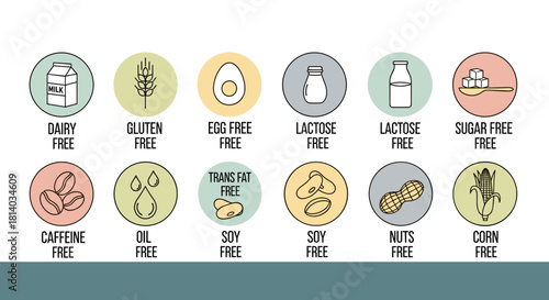 Dietary Restriction Icons Set Displayed on Clean White Backdrop: Food Allergy and Intolerance Conceptual Visuals for Nutrition and Wellness Presentations, Healthcare Marketing, Modern Minimalist Graph