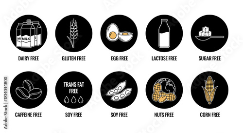Allergen Information Icons Displaying Food Intolerance, Sensitivities and Dietary Restrictions, Providing Clear Nutritional Guidance on Product Labels in Modern Minimalist Style for Healthcare Present