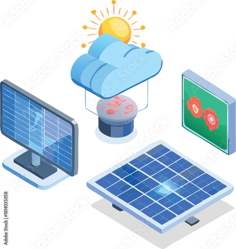 Isometric Solar Energy and Cloud Computing Illustration | Renewable Power Technology and Data Storage