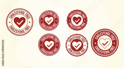 Cholesterol-Free Stamp Collection: Promoting Healthy Eating Choices for Wellness and Heart Health on a Clean Backdrop, Ideal for Nutrition Marketing and Healthcare Campaigns (Diet, Food, Seals)