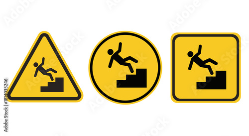 Caution Falling Hazard Signs Presenting Risk of Slipping on Stairs in Construction Area for Building Safety and Workplace Accidents Prevention, Workplace Health on Yellow Triangle, Circle and Square,