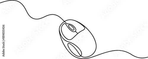 Minimalist single line drawing of a computer mouse with a cable. one line Icon drawing with white background