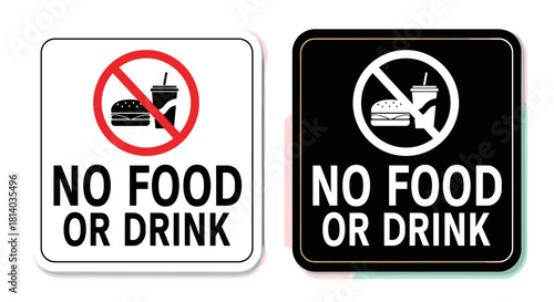 No Food or Drink Signage for Restaurants and Public Spaces Emphasizing Health and Safety Regulations, Informative Visual Aid for Policy Communication, Prohibition Symbols in Black and White with Red C