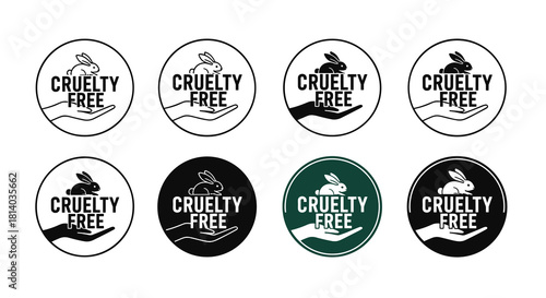 Cruelty-Free Product Labels and Badges Collection Featuring Cute Rabbit Pet in Hand for Ethical, Sustainable Consumption, Eco-Friendly, Vegan Cosmetics and Beauty Products with Green Business Philosop