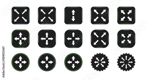 Navigation Arrows and Directional Signs for Web Design and User Interface Expanding Outwards in Black Boxes and Circles, Modern Style for Technology Presentations and Website Graphics, Arrows Pointing