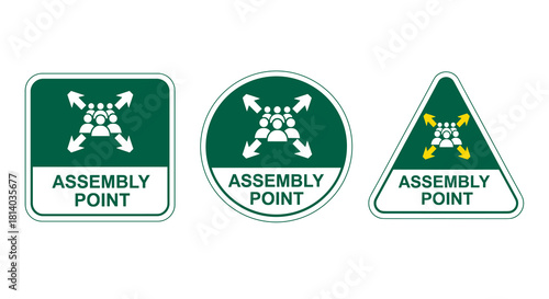 Assembly Point Signs for Emergency Evacuation & Safety Protocol: Square, Circle & Triangle in Green and White Offer Clear Guidance in Office, Workplace or Educational Setting for Preparedness & Regula