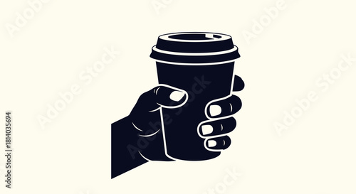 Hand Holding Coffee Cup for Morning Commute: Graphic Illustration of Arm Gripping Dark Hot Drink Container on Light Backdrop, Symbolizing Energy, Wake-Up, Takeaway, Business, Lifestyle, and Contempora