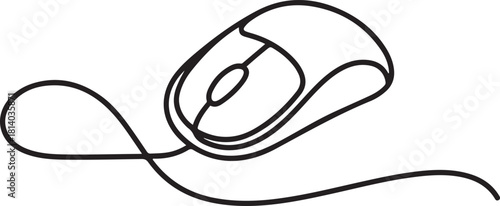Minimalist single line drawing of a computer mouse with a cable. one line Icon drawing with white background