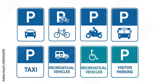 Diverse Parking Signage Design Set Displaying Designated Areas for Various Vehicles – Cars, Bicycles, Motorcycles, Buses, Taxis, Recreational Vehicles and Accessible Parking for Mobility Impaired, Urb