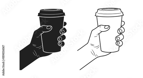 Hand Holding Coffee Cup in Monochrome Illustration Style for Cafe Branding & Promotion:  Takeaway beverage held, black and white, linear style graphic for menu design, advertising, poster illustration