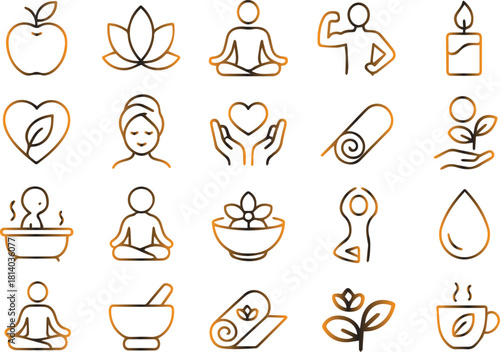 A collection of thin line icons representing wellness, yoga, meditation, spa, health, fitness, and self care concepts, isolated on white background