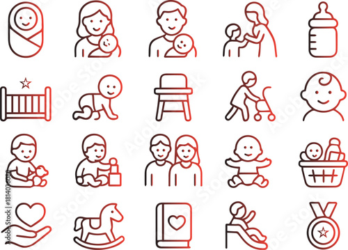 Collection of thin line icons representing various baby care, parenting, and childhood activity concepts, isolated on white background
