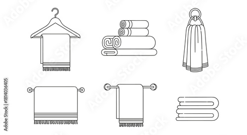 Neat Towel Arrangement: A Collection of Organized Linens in a Minimalist Bathroom Setting, Perfect for Hotel Marketing, Spa Advertising, and Home Decor Presentations Featuring Modern Design, Cleanline
