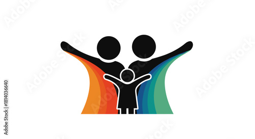 Stylized Family Celebration Graphic for Child Welfare Initiatives & Inclusive Social Programs: Modern Rainbow Silhouette Symbolizing Unity, Diversity, and Supportive Relationships for Marketing, Advoc