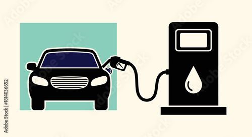 Black Car Refueling at a Modern Gas Station: Energy Industry Illustration for Transportation and Business,  Representing Rising Fuel Prices, Automotive Service, Gas Pump, Petrol, Automotive, Power, Gr