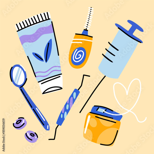 Dental kit for checking condition of teeth, dental mirror, periodontal probe, syringe, dental floss