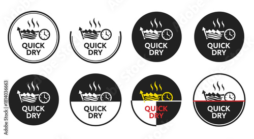 Quick Dry Icon Set Showcasing Fast Drying Technology for Textiles & Fabrics in Modern Black and White Circular Designs, Representing Innovation & Efficiency for Product Marketing & Fashion Industry