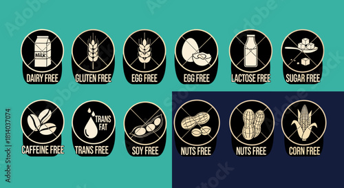 Allergen Information Icons Set Presenting Food Intolerance and Dietary Restrictions in a Modern Restaurant Menu, Medical Health Nutrition Advice for Balanced Eating, Minimalist Vector Illustration wit
