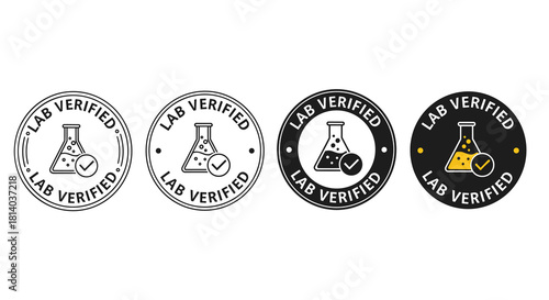 Lab Verified Stamp Icons Confirming Quality Assurance in Scientific Analysis for Healthcare and Biotechnology: A Modern Vector Set Representing Approval and Certification, Ideal for Presentations on R