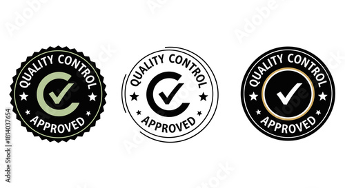 Quality Control Approved Stamp Set: Achieving Certification and Compliance Standards for Products, Business & Services, Symbolizing Assurance and Reliability in a Modern Design, ideal for Presentation