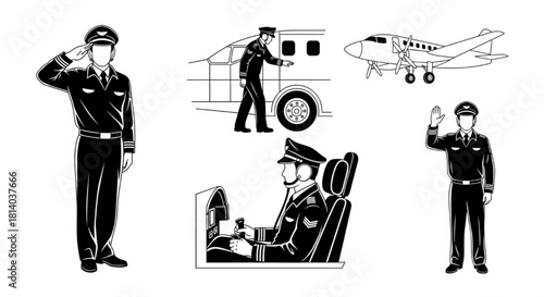 Pilot Silhouette Vector Showing Action Sequence — Saluting, Inspecting Plane, Sitting in Cockpit, Waving

