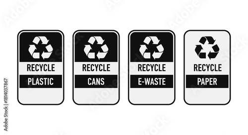 Recycling Sorting Station Signs: Plastic, Cans, E-Waste, and Paper Eco-Friendly Waste Management System for Sustainable Living and Environmental Consciousness, Clean and Organized Approach to Green Li