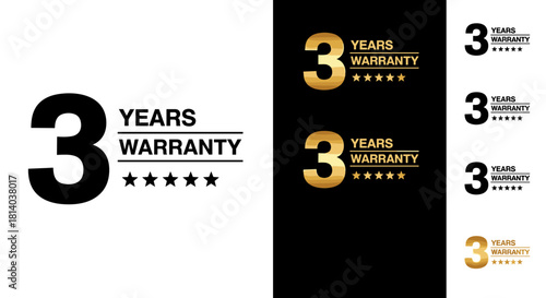 Assured 3-Year Warranty Badges for Product Trust: Guaranteeing Quality & Reliability with Bold Numbering & Star Ratings for Consumer Confidence, Promoting Trustworthiness & Brand Loyalty, Ideal for Ec