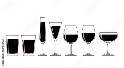 Elegant Wine & Drink Glasses Collection Illustration: Exploring Various Beverage Containers in a Minimalist Presentation for Restaurant Menus, Bar Designs, & Drink Guides, Featuring Classic Glassware,