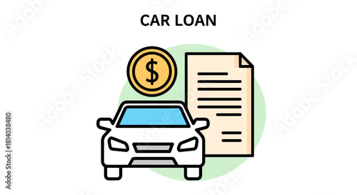 Applying for a Car Loan: Detailed Illustration Depicting a Vehicle, Gold Coin, and Financial Contract on a Light Green Backdrop Representing Auto Financing for Acquisition, Ideal for Presentations, Ma