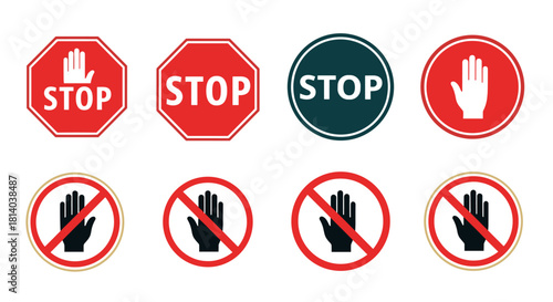 Diverse Stop Sign Collection: Warning Symbols Graphic Resource, Safety Signage for Business Presentations, Informational Materials, Vector Icons for Visual Communication, Modern Design Set, Isolated o