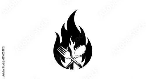 Flaming Culinary Logo Design with Fork and Spoon Emblazoned on Fiery Icon for Restaurant, Catering, or Food Blog Branding, Representing Spicy Cuisine and Passion for Cooking, Graphic Element for Menu